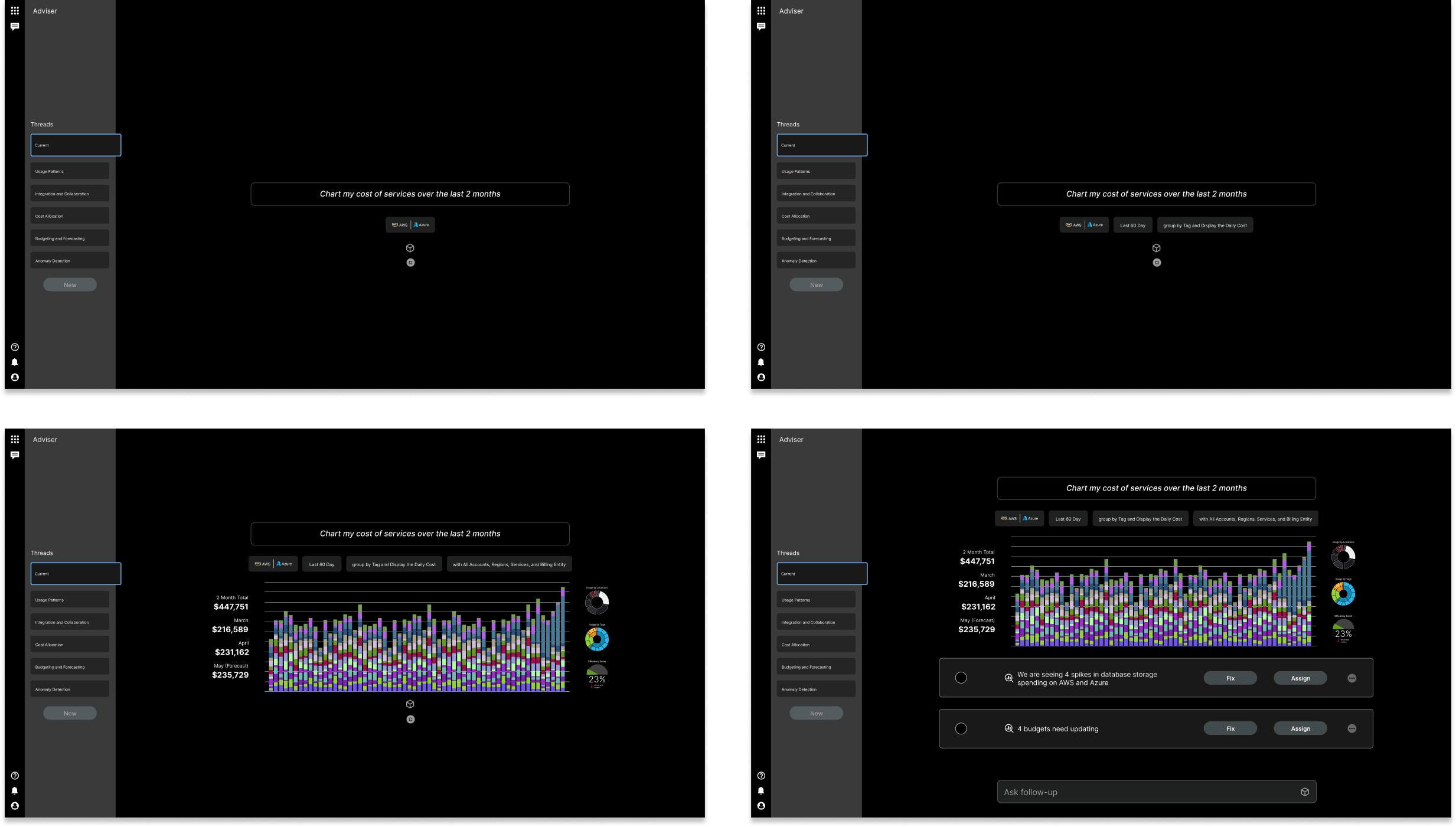 Chat interface — input, response, and suggested queries states